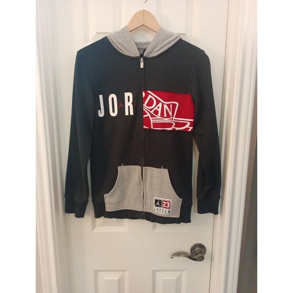 Boys Air Jordan Big Spellout Black/Gray/Red Hooded Zip Jacket W Pockets Large